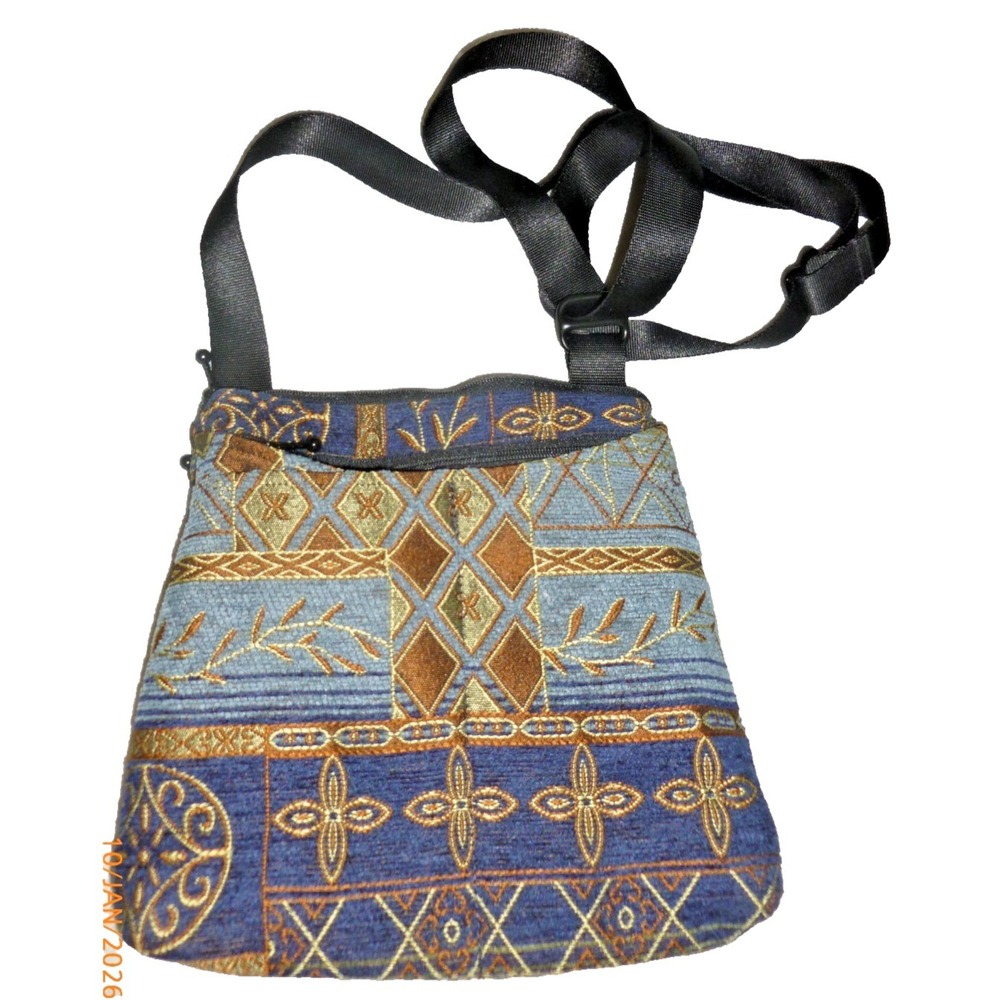 Wild West Tapestry Crossbody Bag Blue Gold Geometric Woven Travel Purse Vintage